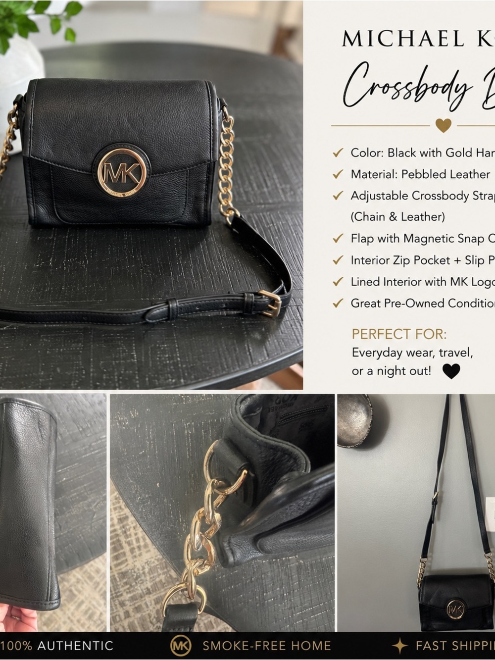 Michael Kors Black Leather Crossbody with Gold MK Medallion